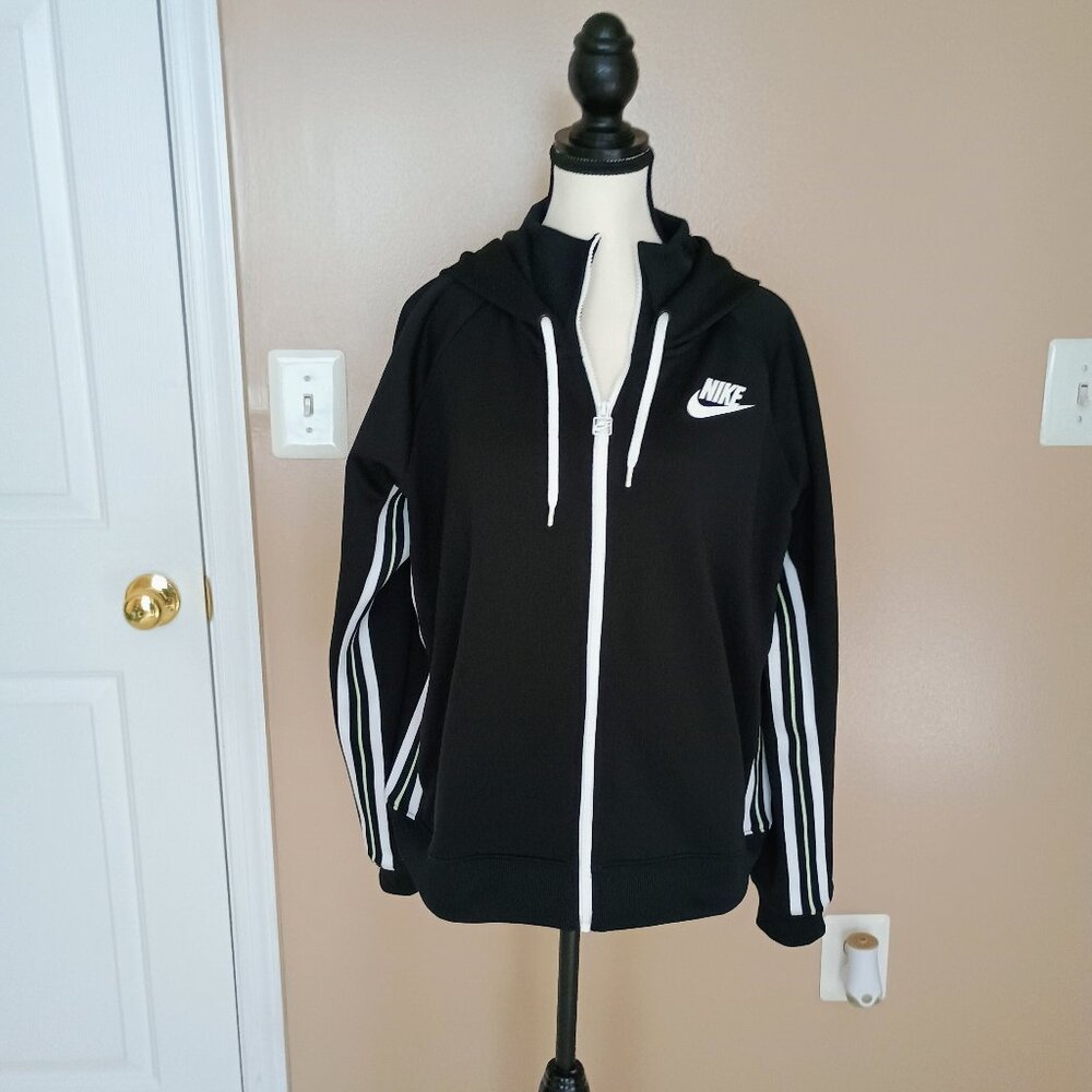 NIKE-WOMENS BLACK HOODED ZIP UP JACKET W/WHITE STRIPES-POLY/COTTON-SIZE XL